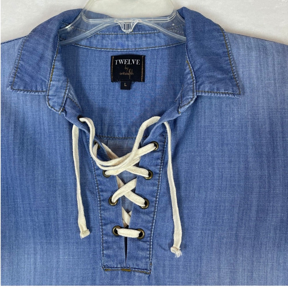 TWELVE by Ontwelfth lace up tunic shirt women's size L blue chambray long sleeve - Picture 6 of 15